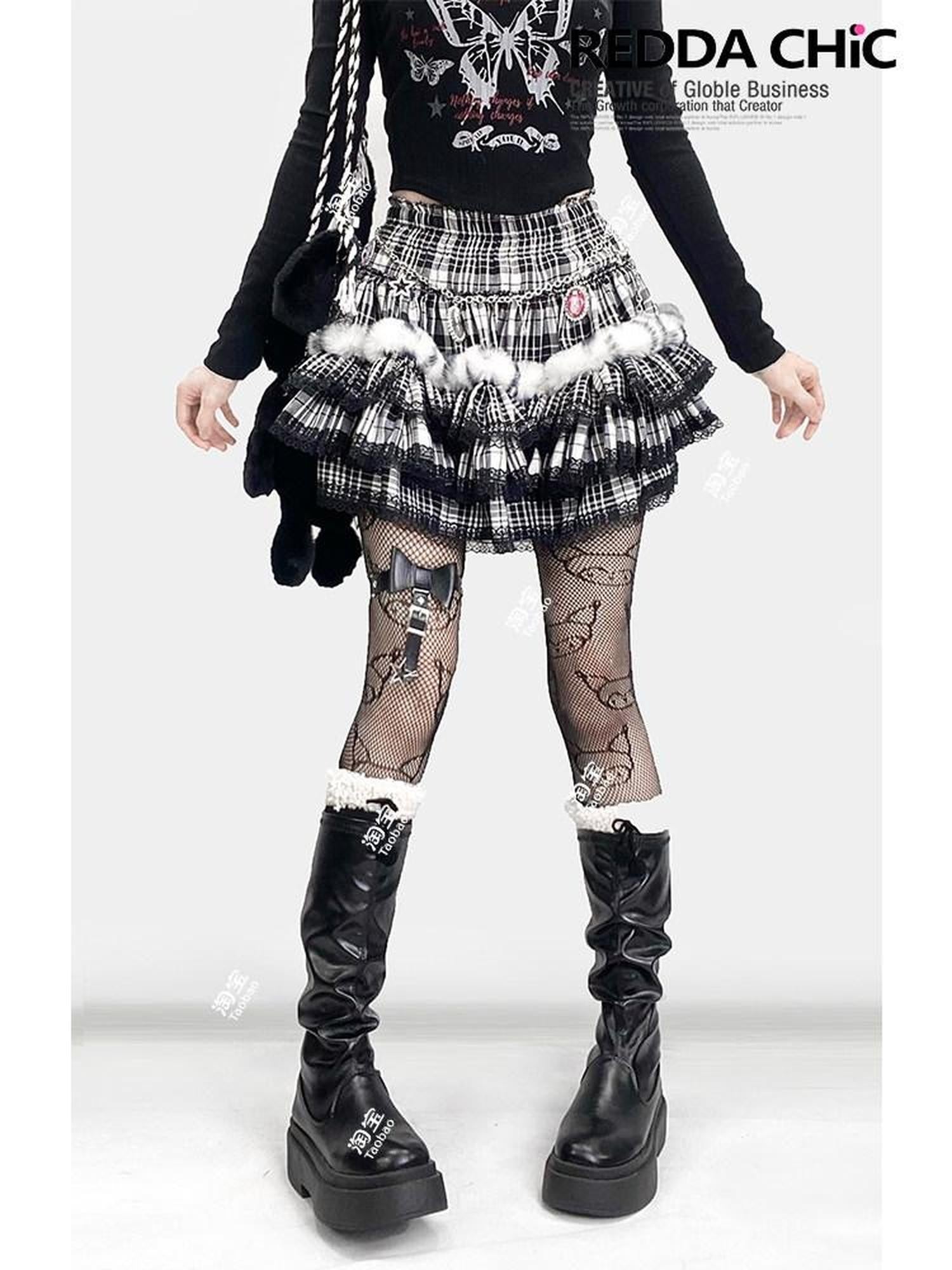 REDDACHIC Black Plaid Lace Pleated Cake Women'S Faux Fur High Waist Mini Skirts