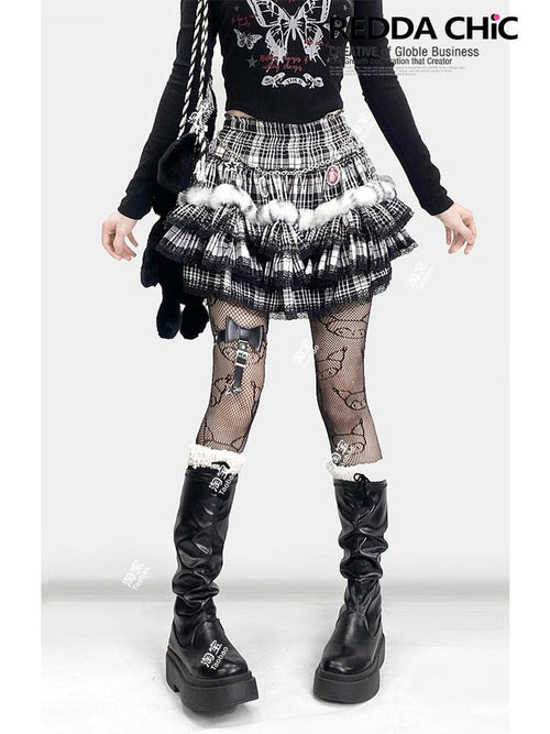 REDDACHIC Black Plaid Lace Pleated Cake Women'S Faux Fur High Waist Mini Skirts