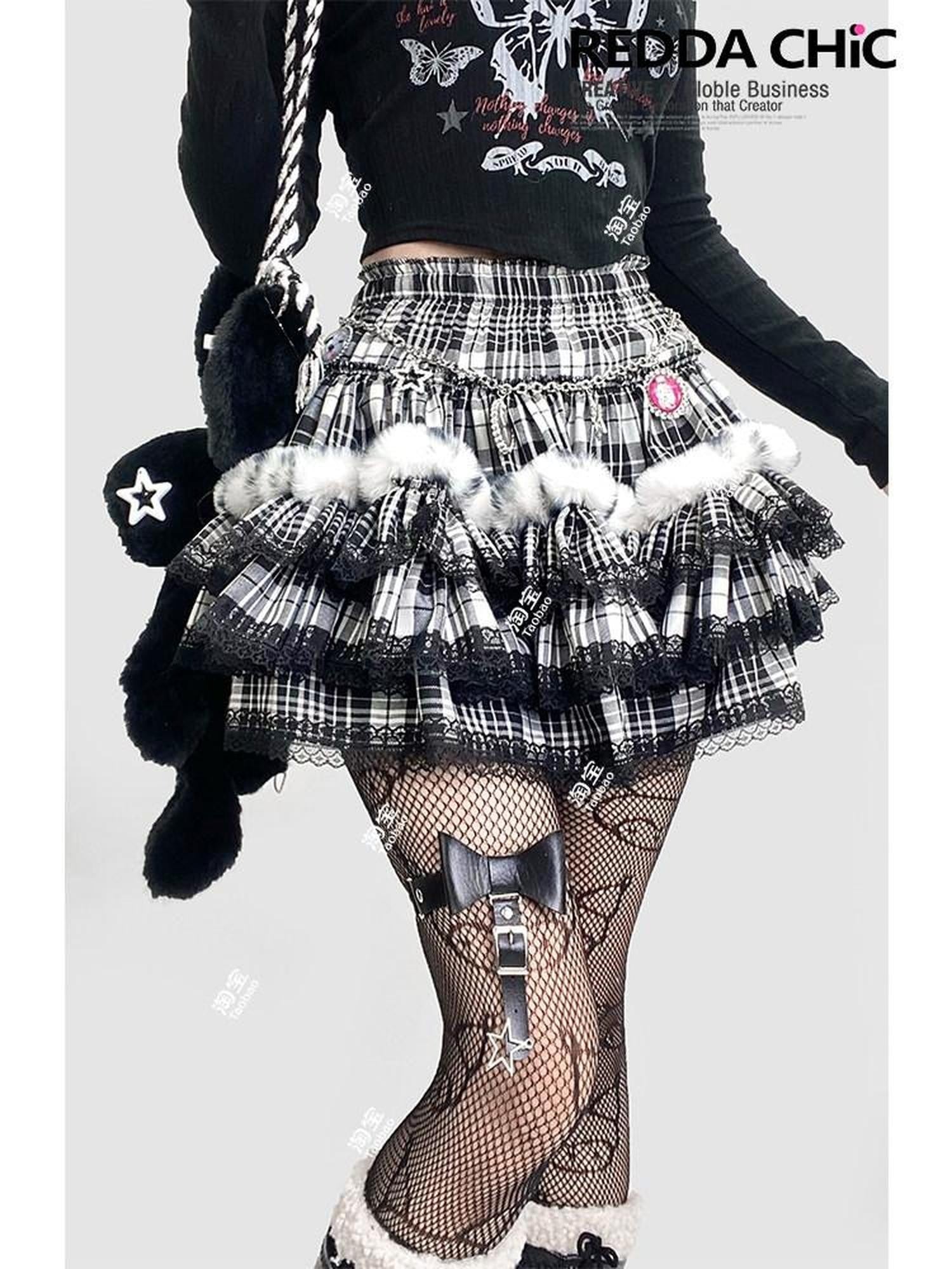 REDDACHIC Black Plaid Lace Pleated Cake Women'S Faux Fur High Waist Mini Skirts