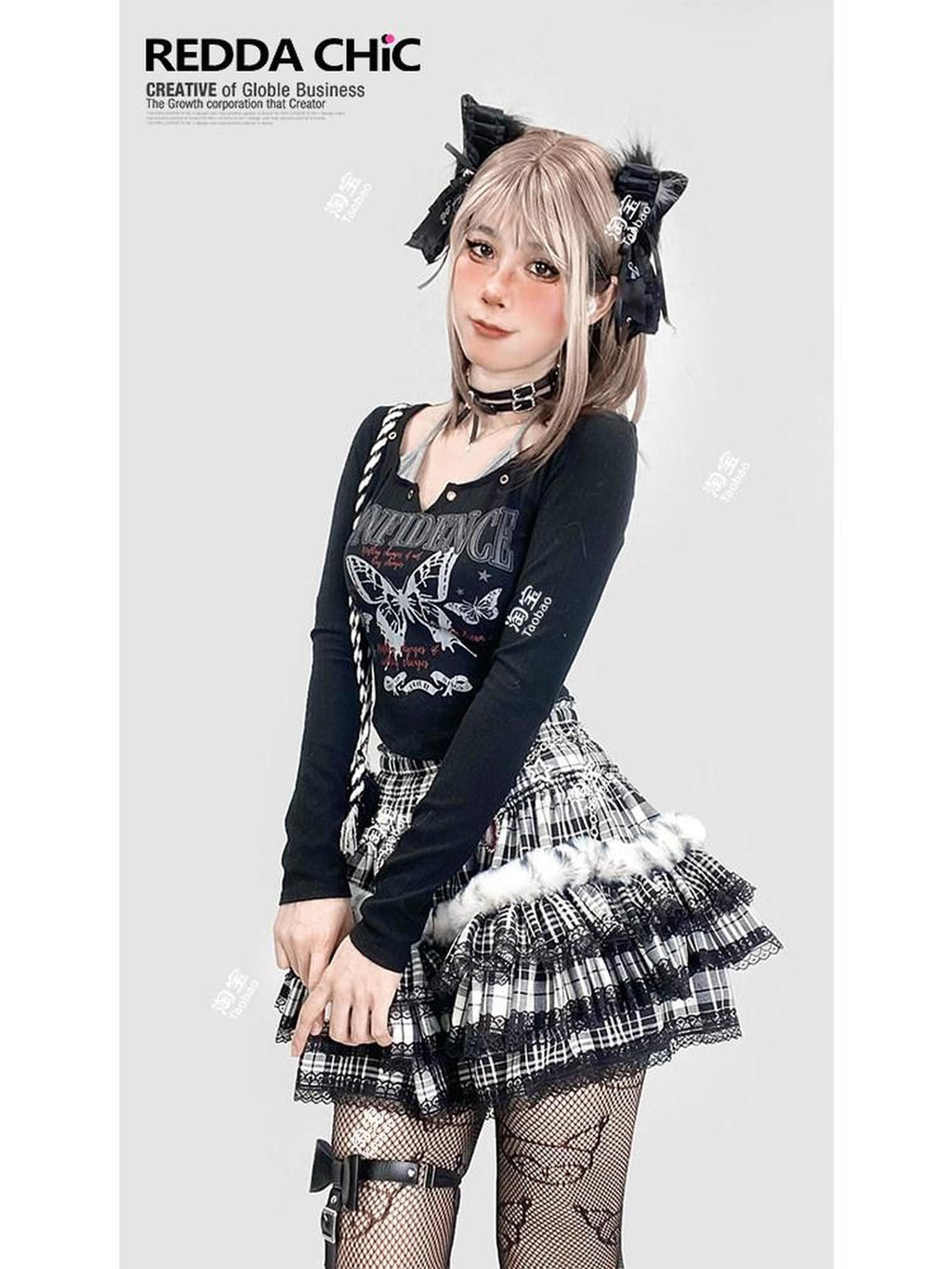 REDDACHIC Black Plaid Lace Pleated Cake Women'S Faux Fur High Waist Mini Skirts