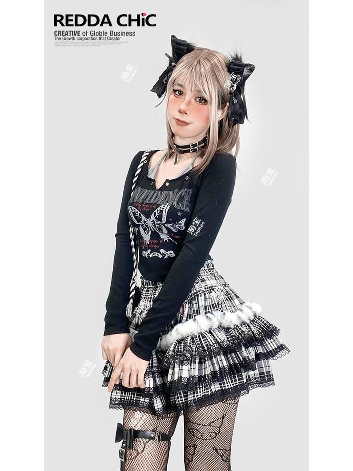 REDDACHIC Black Plaid Lace Pleated Cake Women'S Faux Fur High Waist Mini Skirts