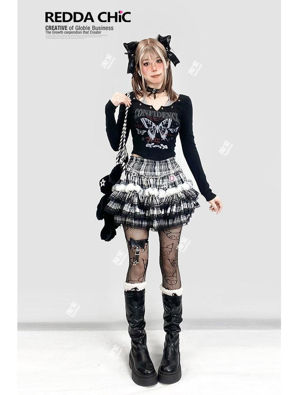 REDDACHIC Black Plaid Lace Pleated Cake Women'S Faux Fur High Waist Mini Skirts