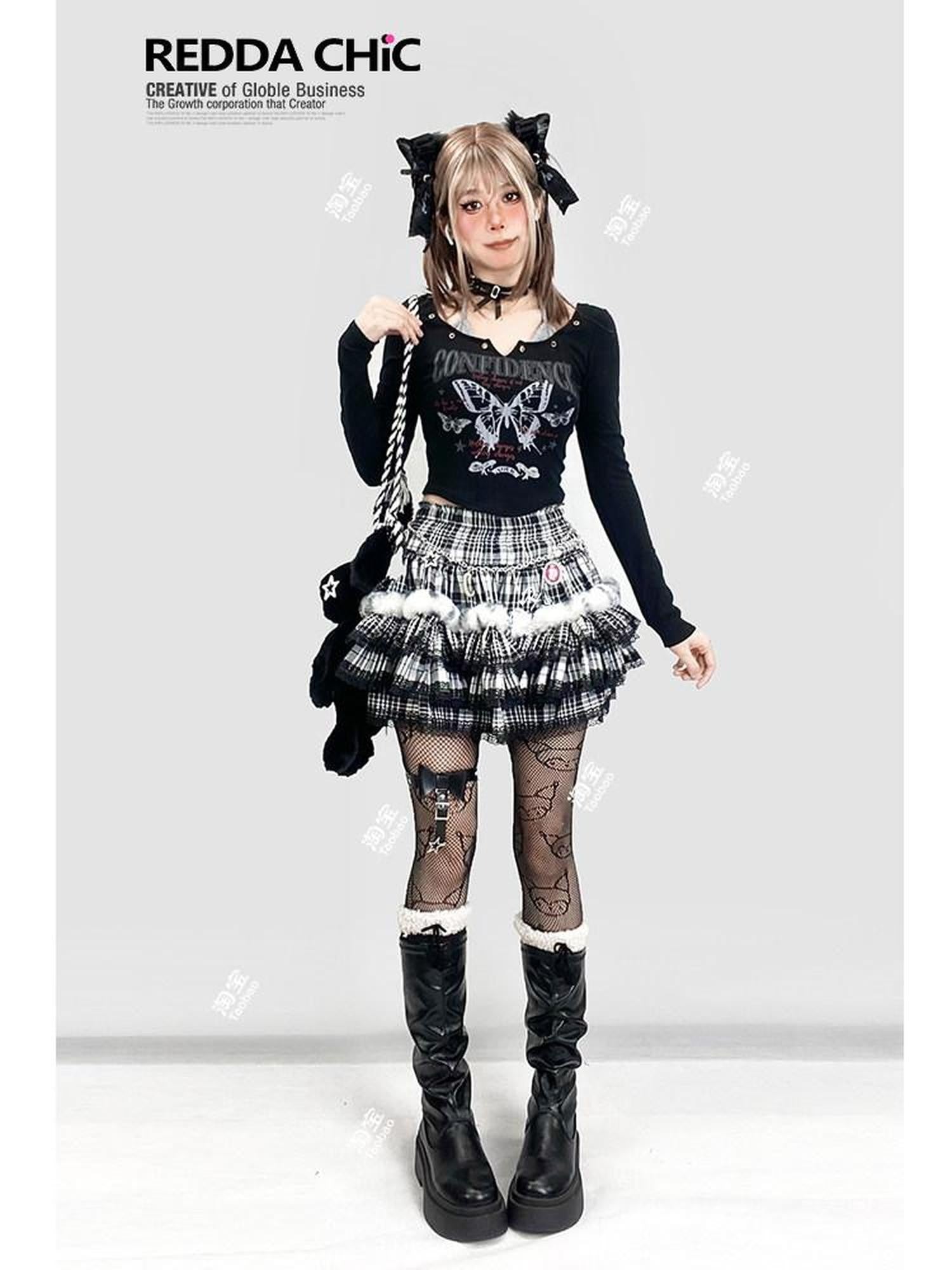 REDDACHIC Black Plaid Lace Pleated Cake Women'S Faux Fur High Waist Mini Skirts