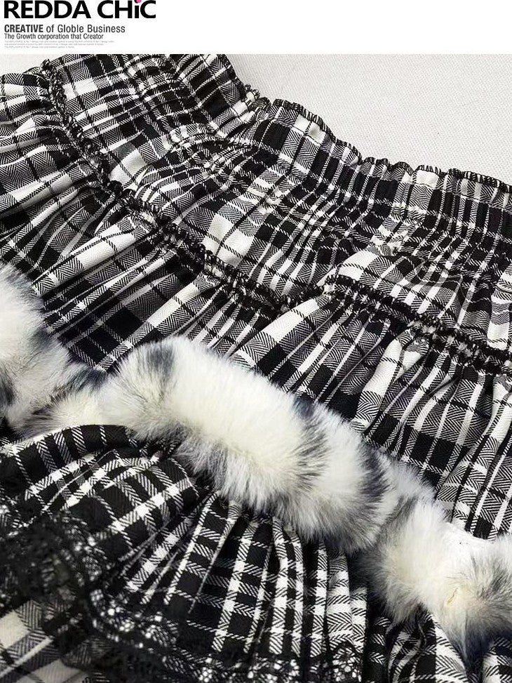 REDDACHIC Black Plaid Lace Pleated Cake Women'S Faux Fur High Waist Mini Skirts