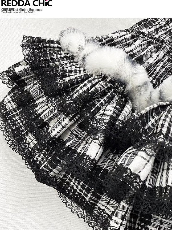 REDDACHIC Black Plaid Lace Pleated Cake Women'S Faux Fur High Waist Mini Skirts