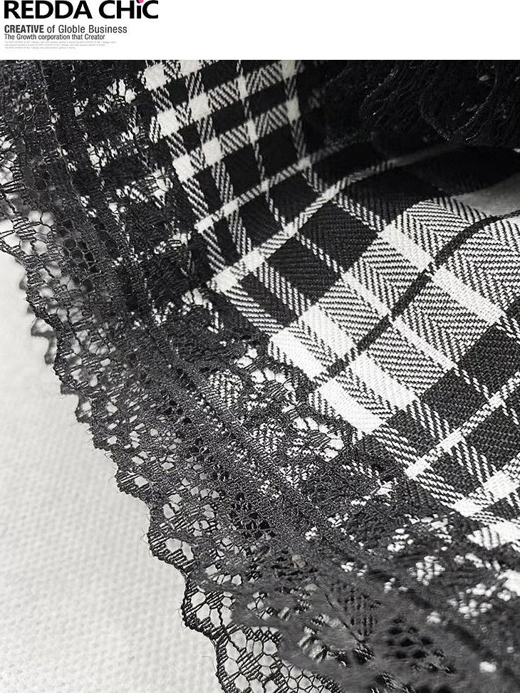 REDDACHIC Black Plaid Lace Pleated Cake Women'S Faux Fur High Waist Mini Skirts