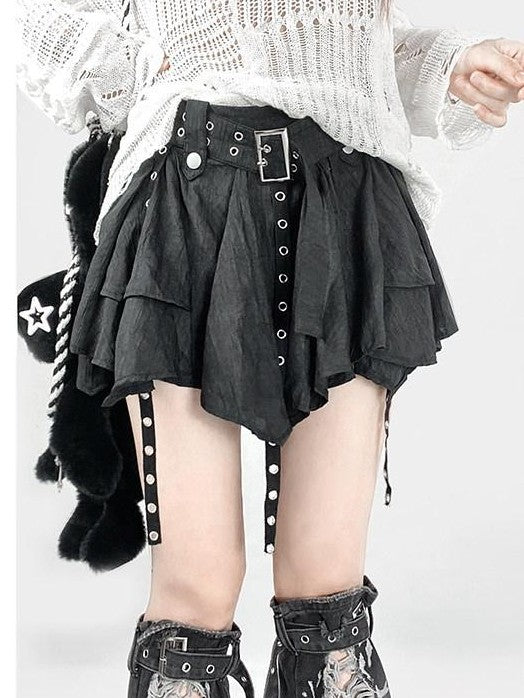 REDDACHIC Black Pleated Asymmetric Ruffle Ribbon High Waist Aline Women'S Mini Skirts