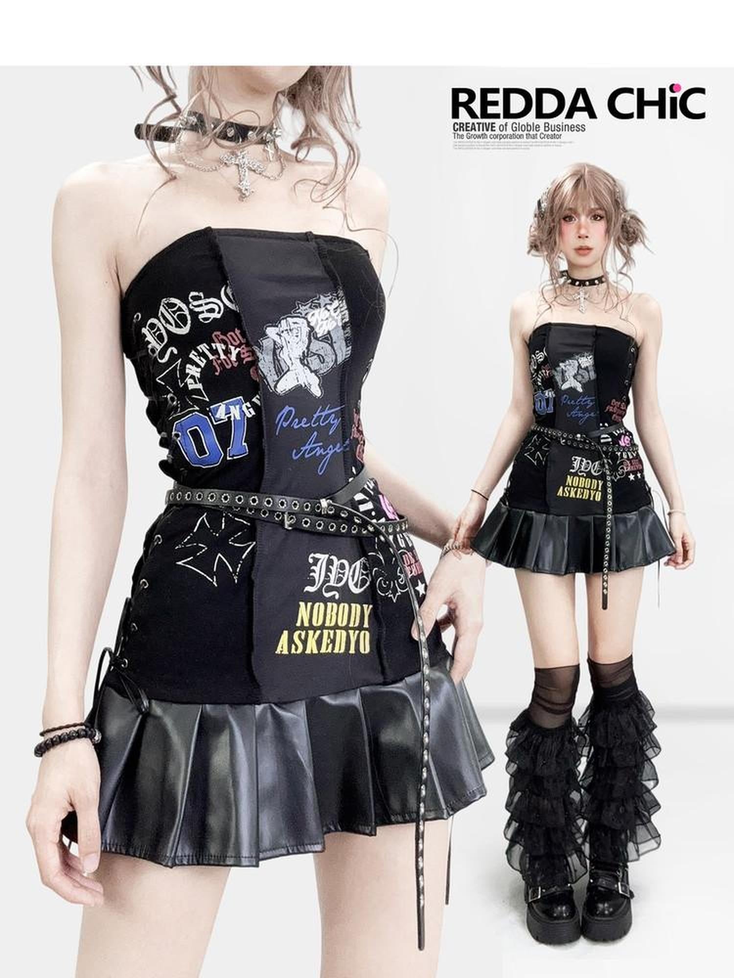 REDDACHIC Black Pleated Splice Punk Printed Fitted Women'S Leather Strapless Mini Dresses