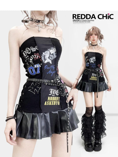 REDDACHIC Black Pleated Splice Punk Printed Fitted Women'S Leather Strapless Mini Dresses