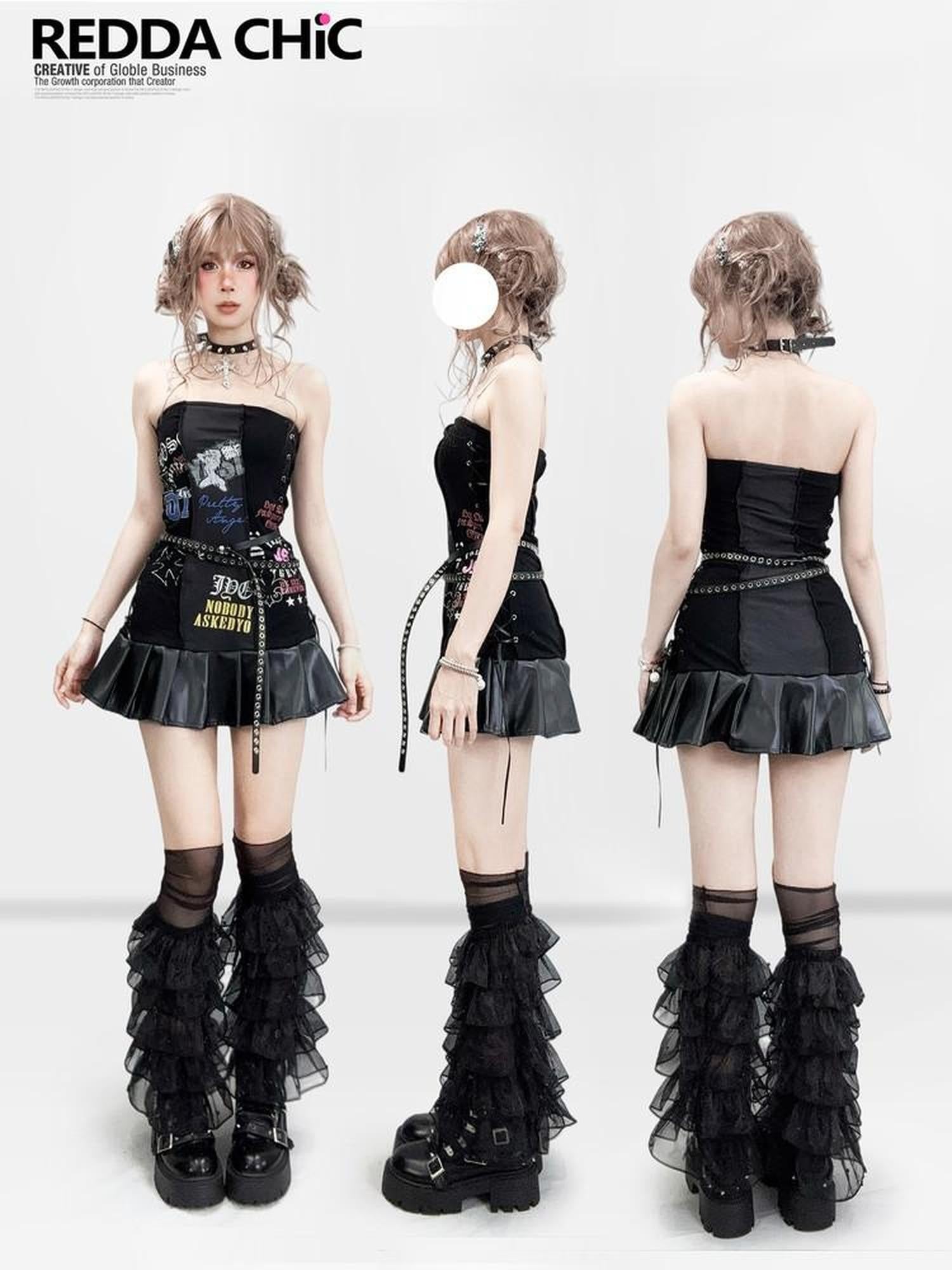 REDDACHIC Black Pleated Splice Punk Printed Fitted Women'S Leather Strapless Mini Dresses
