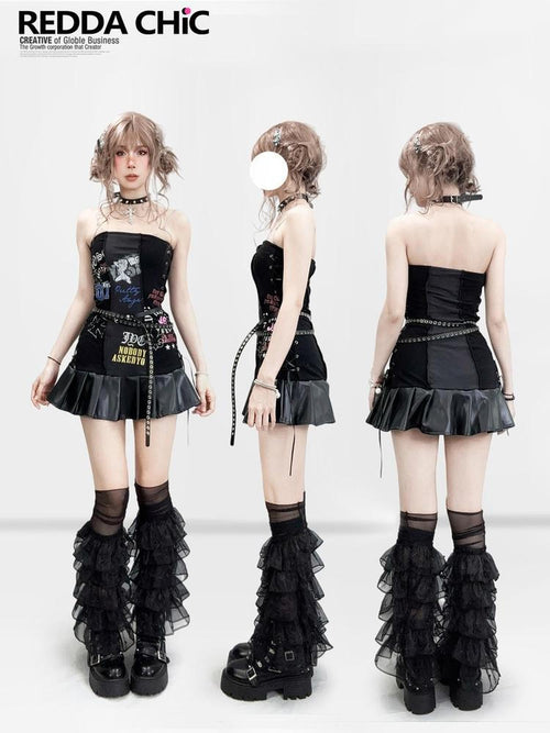 REDDACHIC Black Pleated Splice Punk Printed Fitted Women'S Leather Strapless Mini Dresses