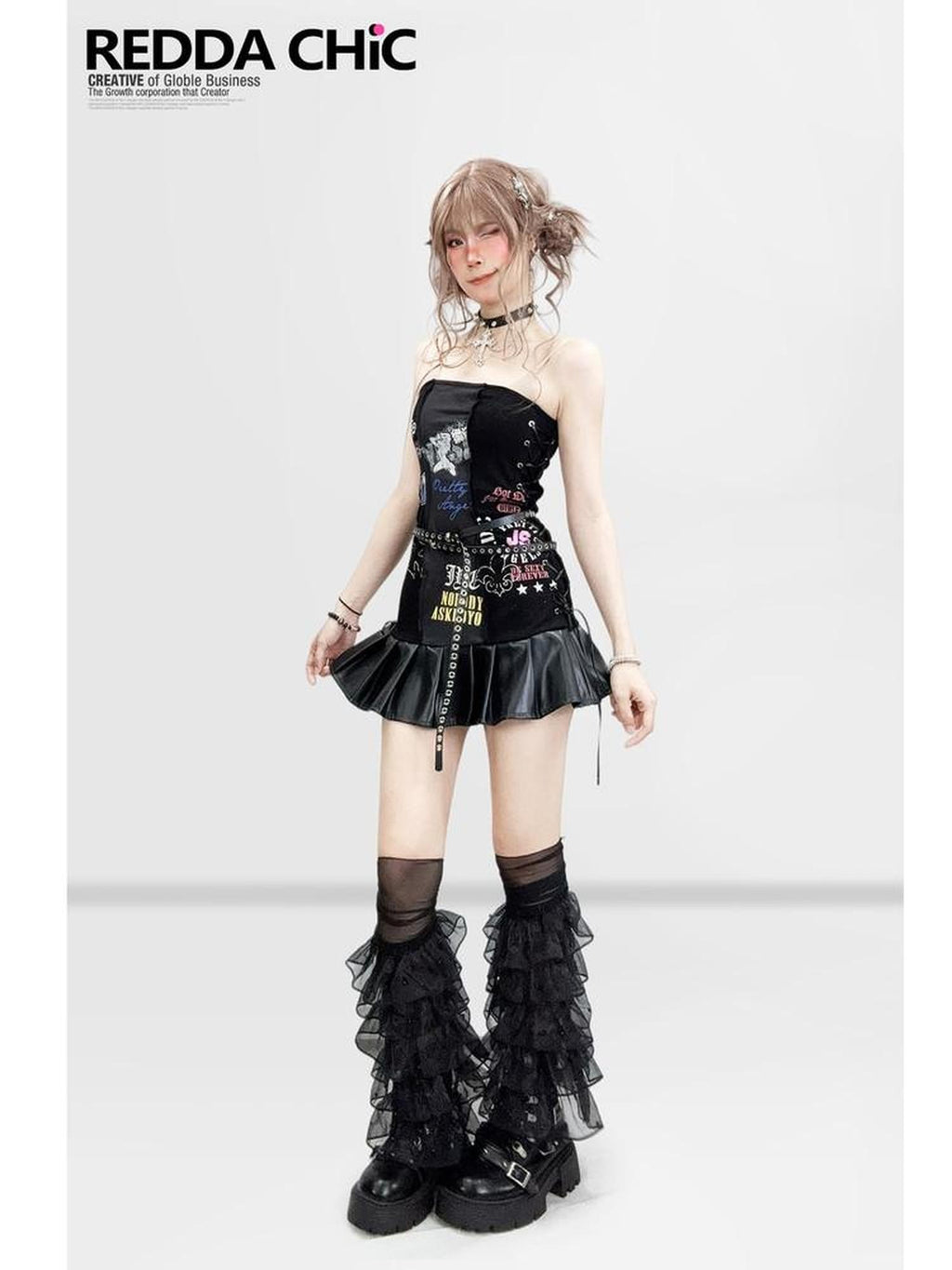 REDDACHIC Black Pleated Splice Punk Printed Fitted Women'S Leather Strapless Mini Dresses