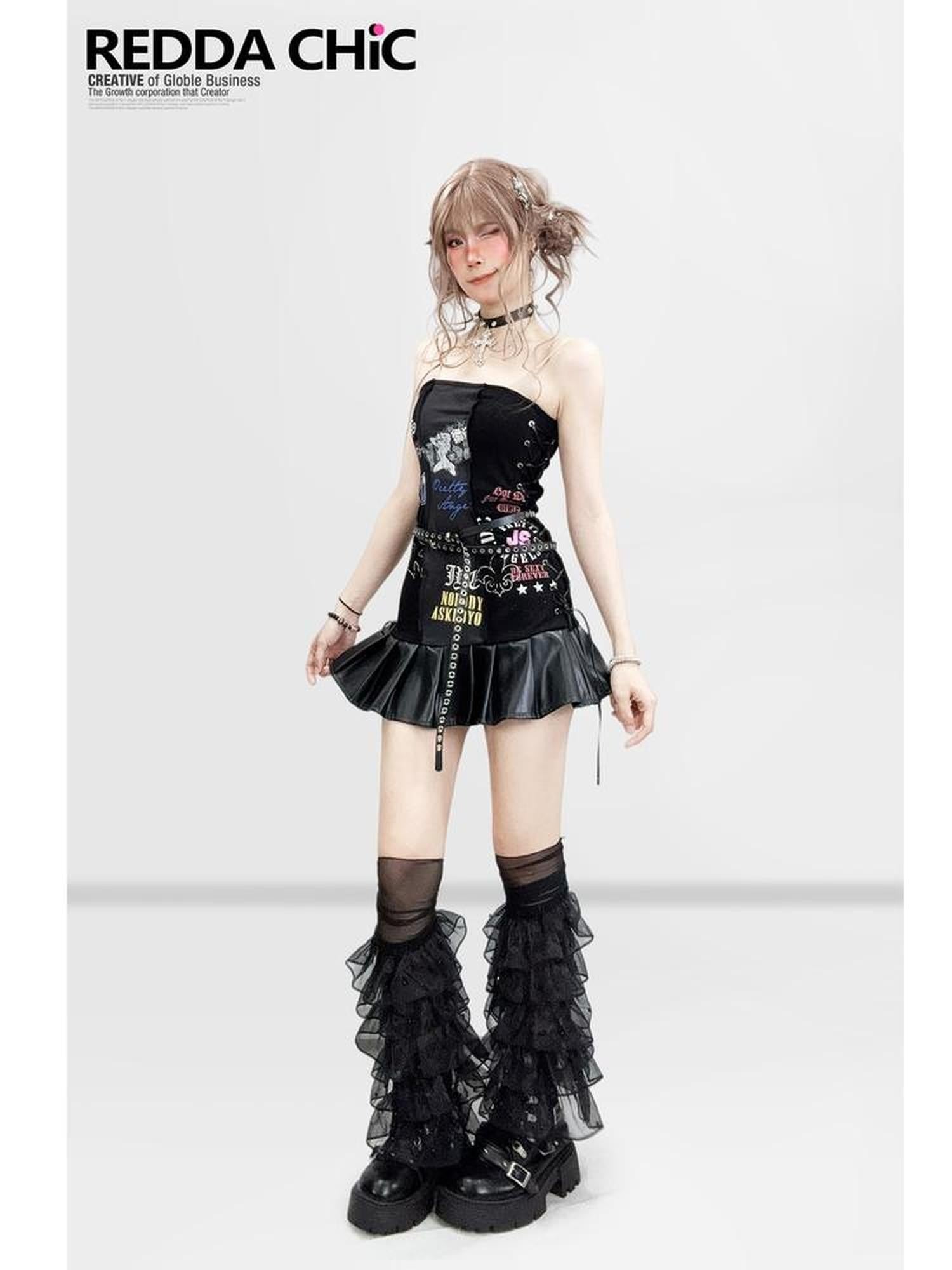 REDDACHIC Black Pleated Splice Punk Printed Fitted Women'S Leather Strapless Mini Dresses