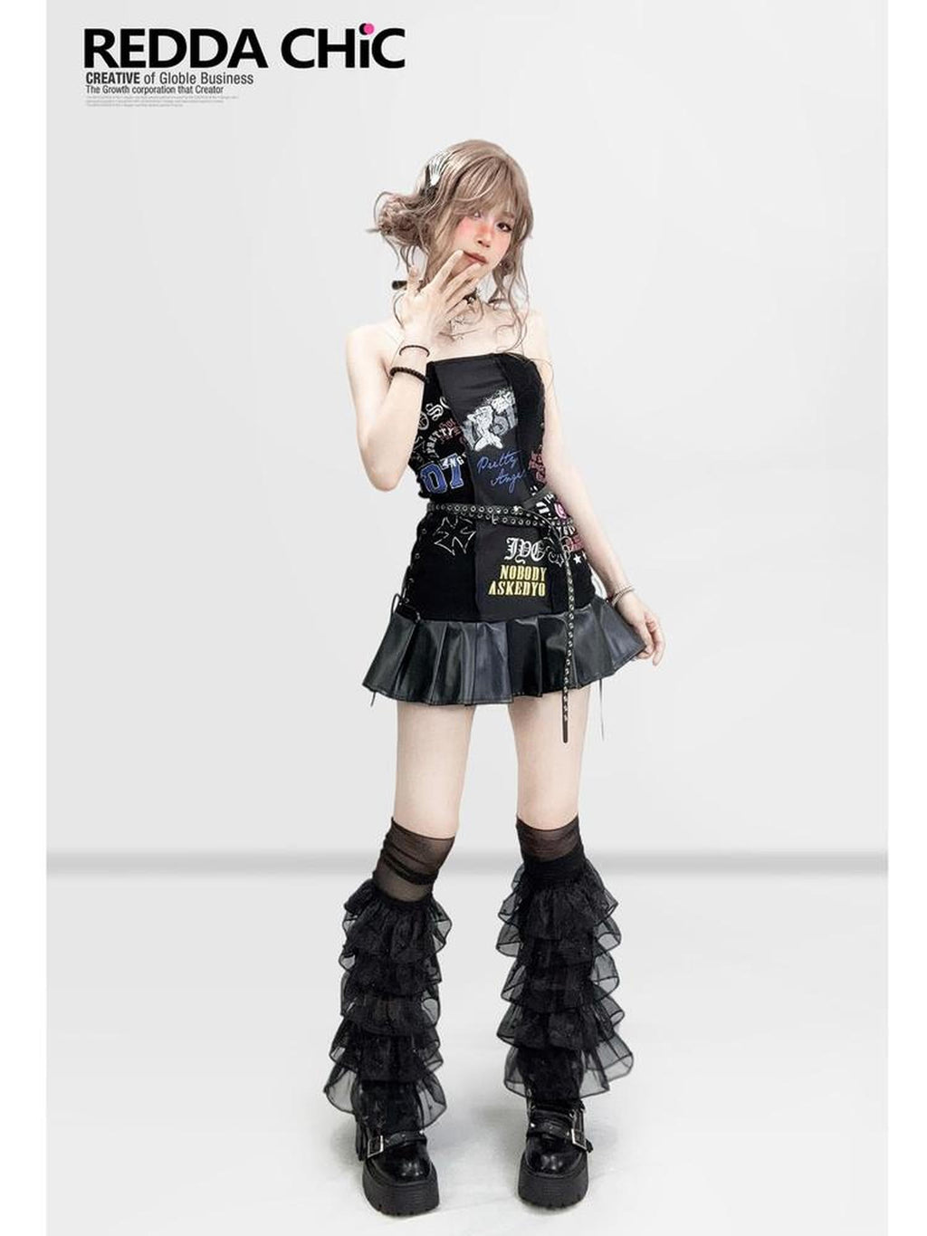 REDDACHIC Black Pleated Splice Punk Printed Fitted Women'S Leather Strapless Mini Dresses