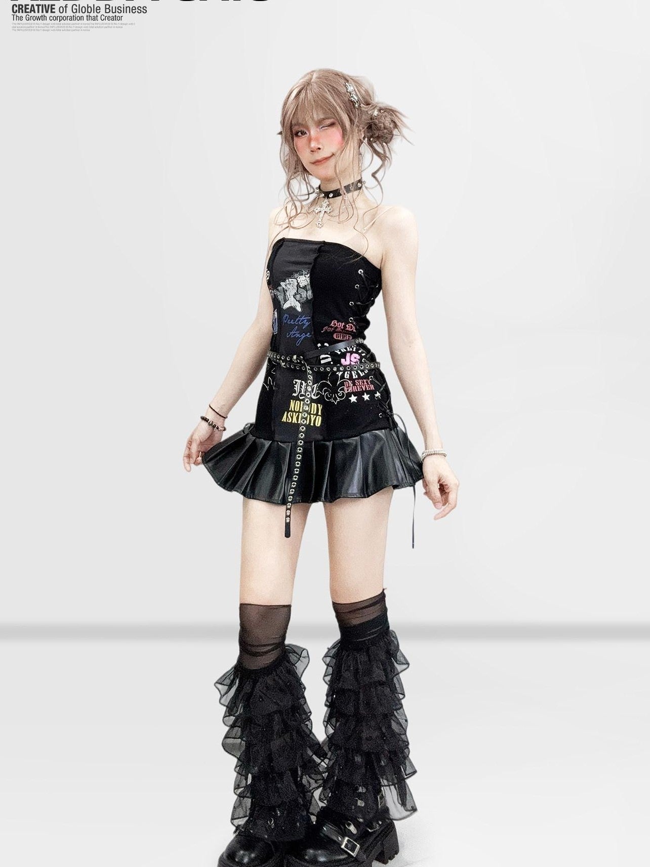 REDDACHIC Black Pleated Splice Punk Printed Fitted Women'S Leather Strapless Mini Dresses