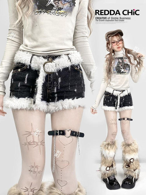 REDDACHIC Black Plush Trim Frayed Hem Brushed Low Waist Tie Button Women'S Denim Shorts