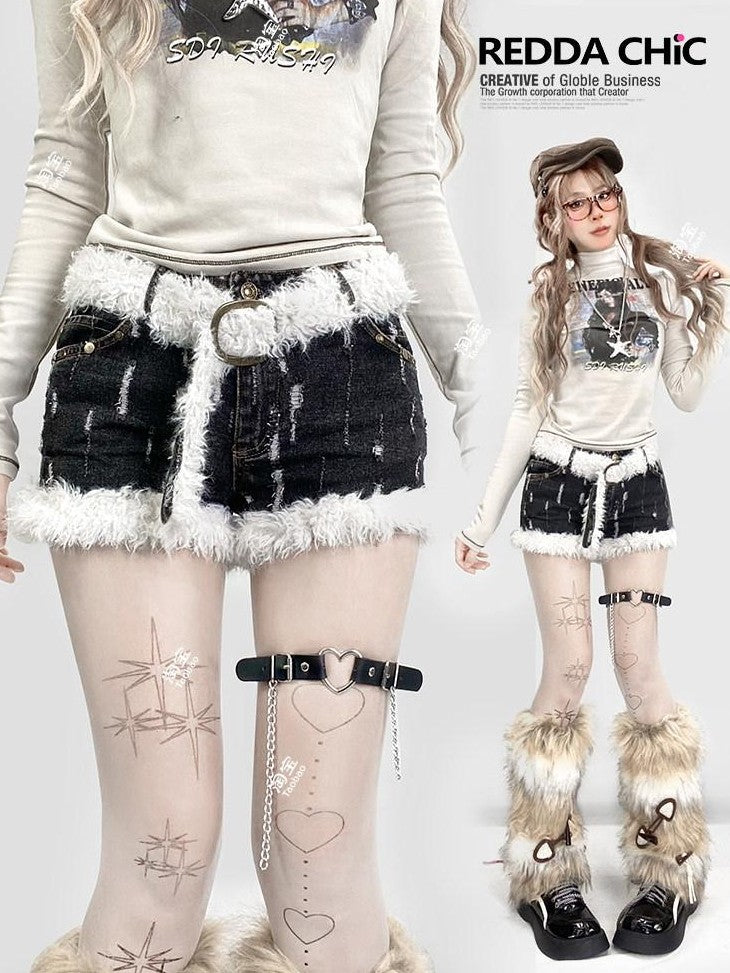 REDDACHIC Black Plush Trim Frayed Hem Brushed Low Waist Tie Button Women'S Denim Shorts