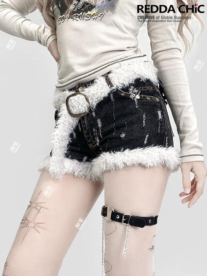 REDDACHIC Black Plush Trim Frayed Hem Brushed Low Waist Tie Button Women'S Denim Shorts