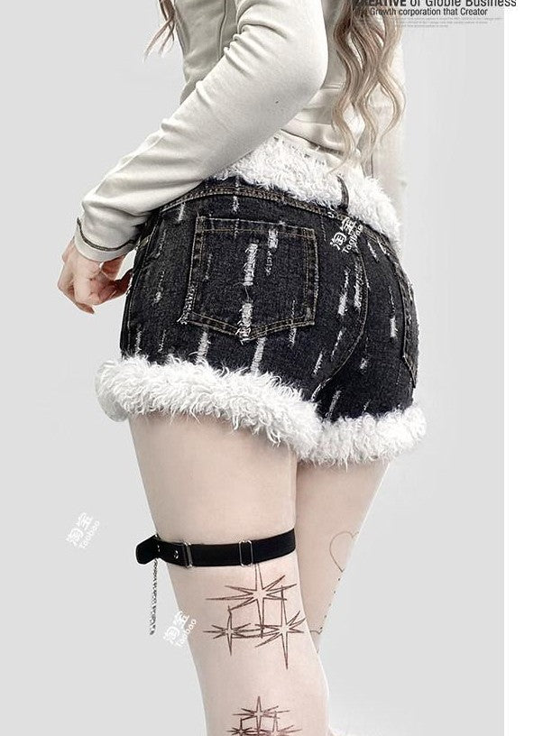 REDDACHIC Black Plush Trim Frayed Hem Brushed Low Waist Tie Button Women'S Denim Shorts