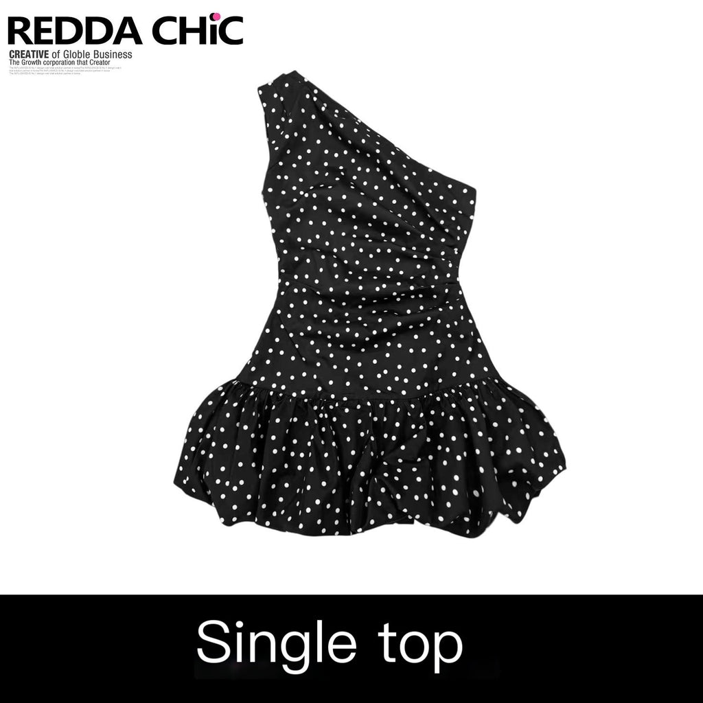 REDDACHIC_Black_Polka_Dot_One_Shoulder_Cinched_Waist_Fitted_Women'S_Mini_Dresses_MISSTT