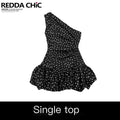 REDDACHIC_Black_Polka_Dot_One_Shoulder_Cinched_Waist_Fitted_Women'S_Mini_Dresses_MISSTT