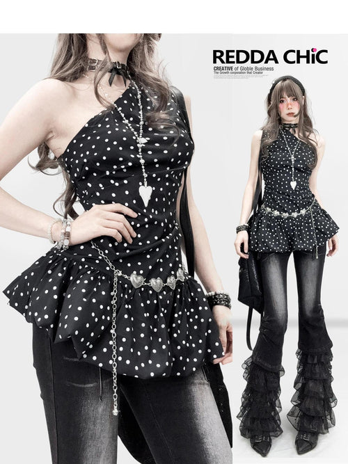 REDDACHIC Black Polka Dot One Shoulder Cinched Waist Fitted Women'S Mini Dresses