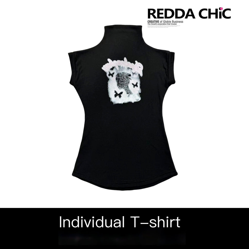 REDDACHIC_Black_Print_Cinched_Waist_Mock_Neck_Women'S_Polyester_Short_Sleeve_T-Shirts_MISSTT