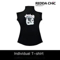 REDDACHIC_Black_Print_Cinched_Waist_Mock_Neck_Women'S_Polyester_Short_Sleeve_T-Shirts_MISSTT
