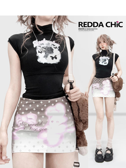 REDDACHIC Black Print Cinched Waist Mock Neck Women'S Polyester Short Sleeve T-Shirts