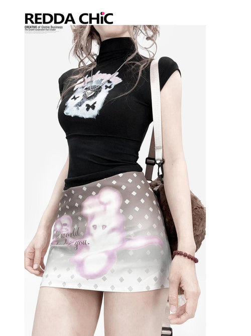REDDACHIC Black Print Cinched Waist Mock Neck Women'S Polyester Short Sleeve T-Shirts