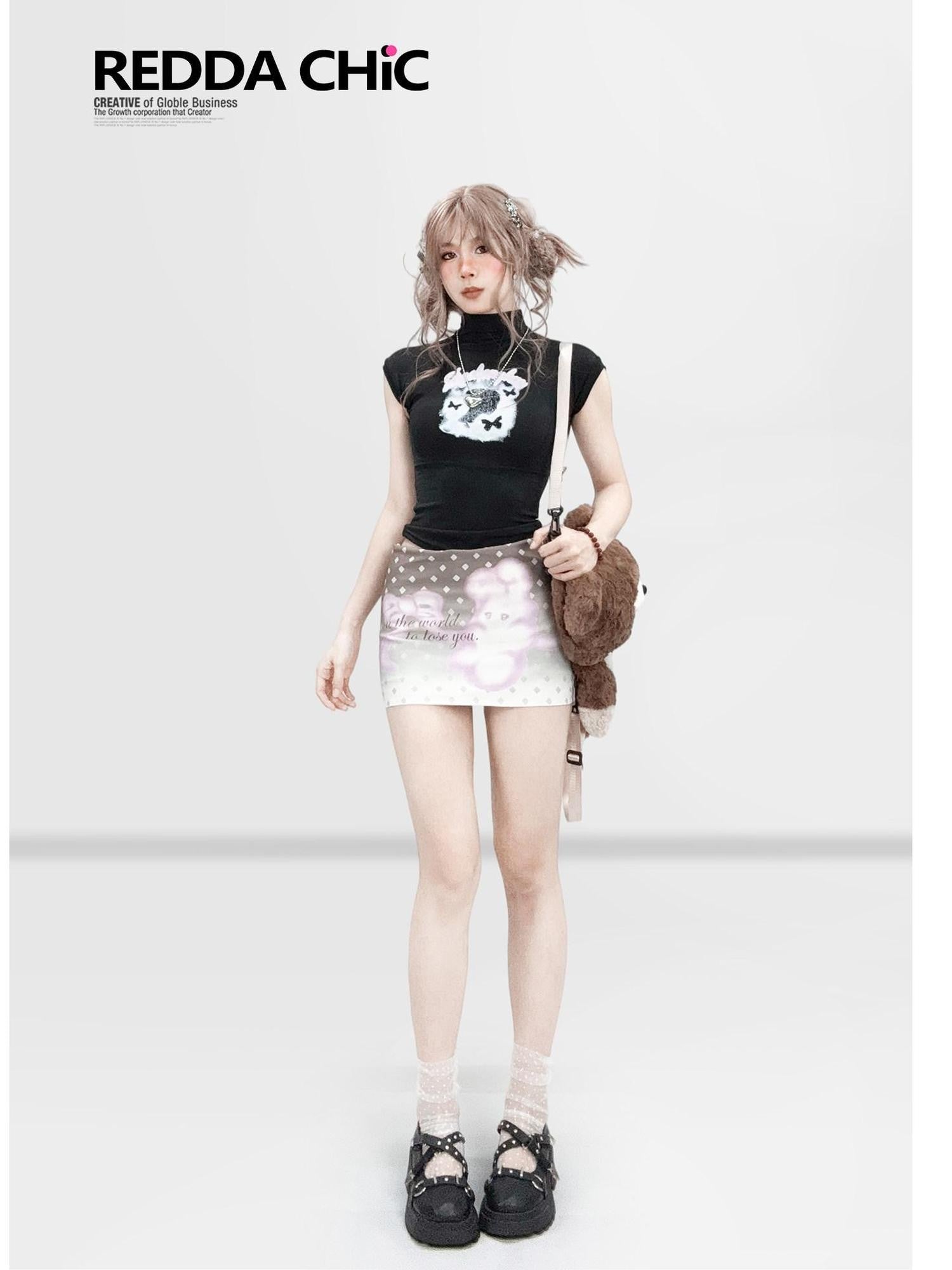 REDDACHIC Black Print Cinched Waist Mock Neck Women'S Polyester Short Sleeve T-Shirts