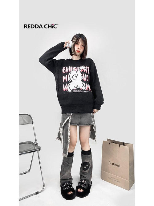 REDDACHIC Black Rabbit Cartoon Print Crewneck Long Sleeve Pullover Loose Women'S Sweaters
