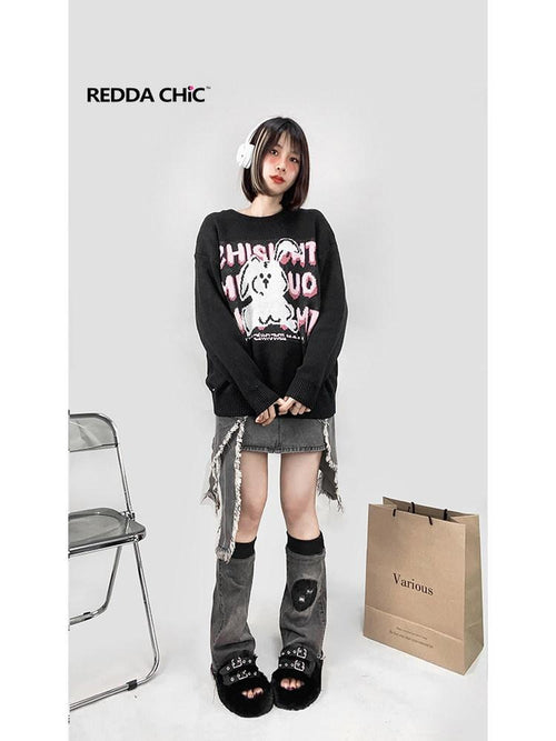 REDDACHIC Black Rabbit Cartoon Print Crewneck Long Sleeve Pullover Loose Women'S Sweaters