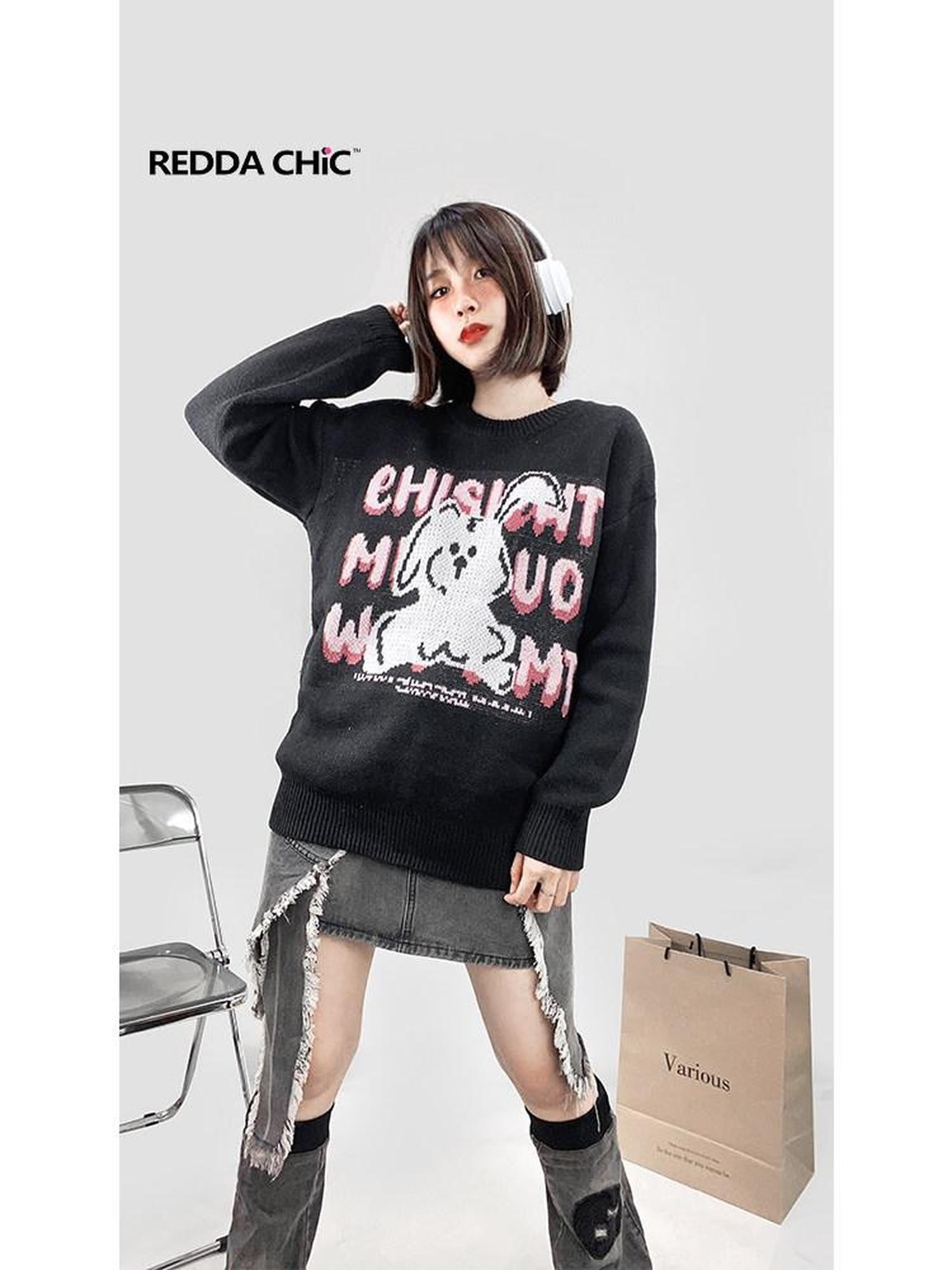 REDDACHIC Black Rabbit Cartoon Print Crewneck Long Sleeve Pullover Loose Women'S Sweaters
