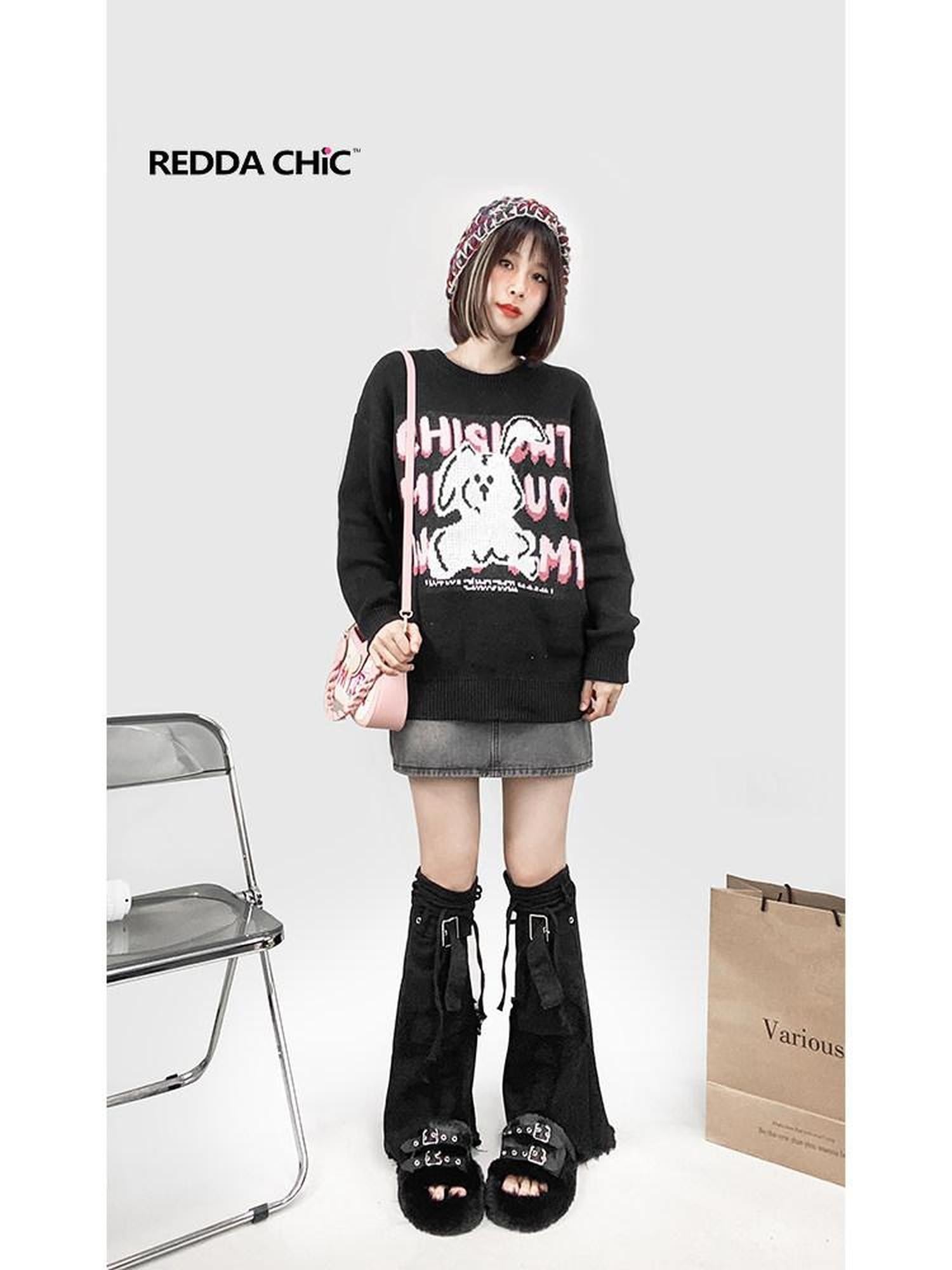 REDDACHIC Black Rabbit Cartoon Print Crewneck Long Sleeve Pullover Loose Women'S Sweaters