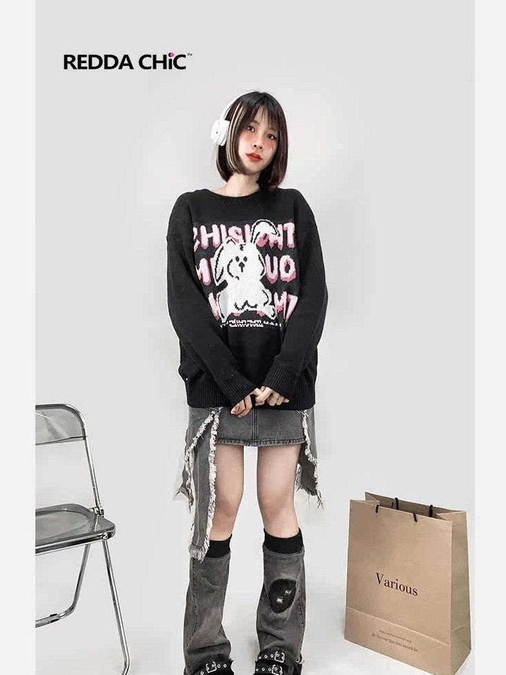 REDDACHIC Black Rabbit Cartoon Print Crewneck Long Sleeve Pullover Loose Women'S Sweaters