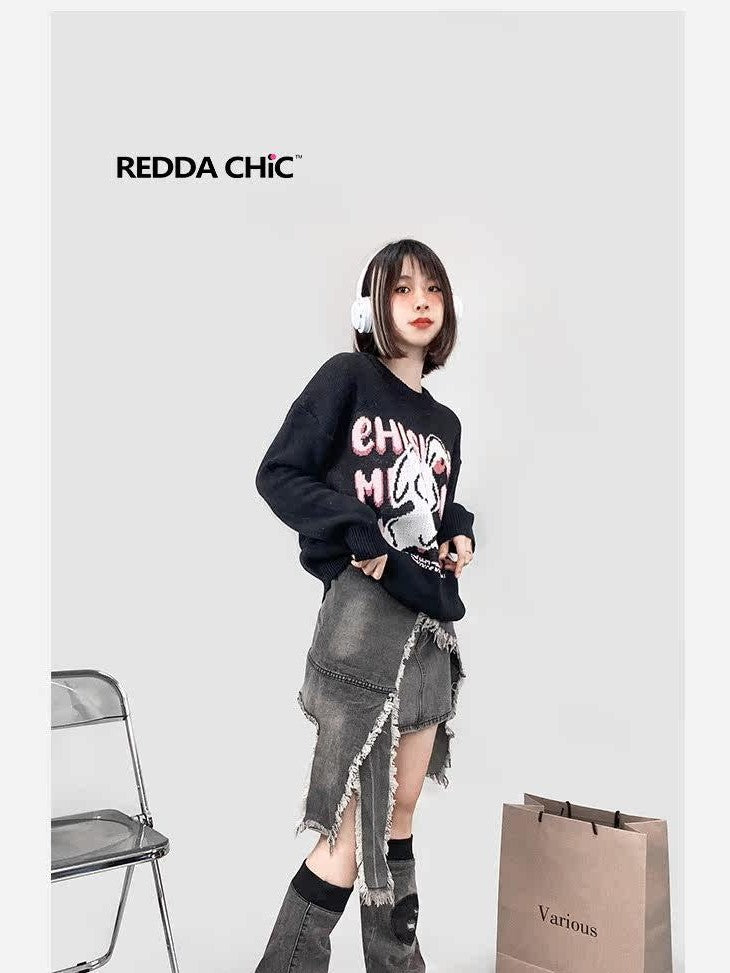 REDDACHIC Black Rabbit Cartoon Print Crewneck Long Sleeve Pullover Loose Women'S Sweaters