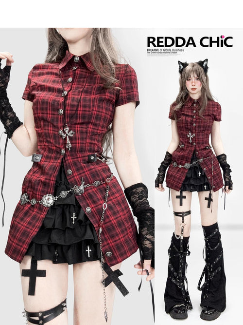REDDACHIC Black Red Gothic Buttoned Collar Bodycon Slim Women'S Cotton Blend Mini Skirts