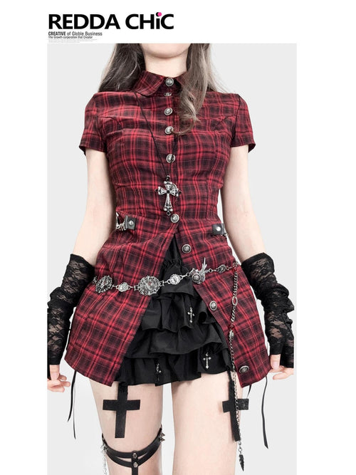 REDDACHIC Black Red Gothic Buttoned Collar Bodycon Slim Women'S Cotton Blend Mini Skirts