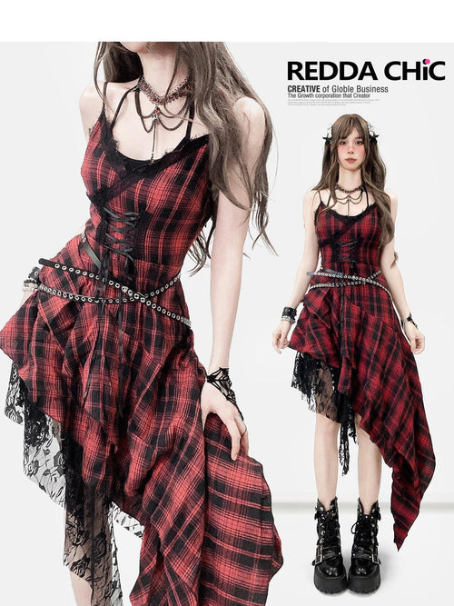 REDDACHIC Black Red Plaid Gothic Asymmetric Lace Tie Waist Women'S Slip Midi Dresses