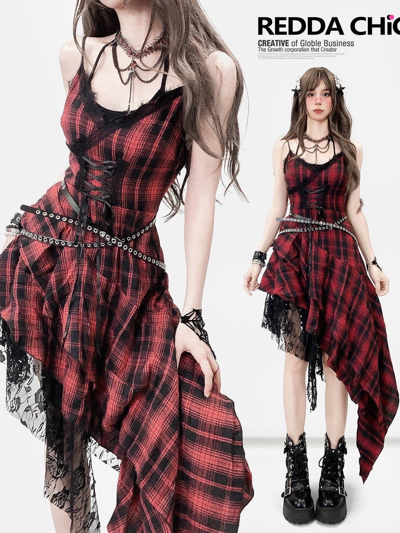 REDDACHIC Black Red Plaid Gothic Asymmetric Lace Tie Waist Women'S Slip Midi Dresses