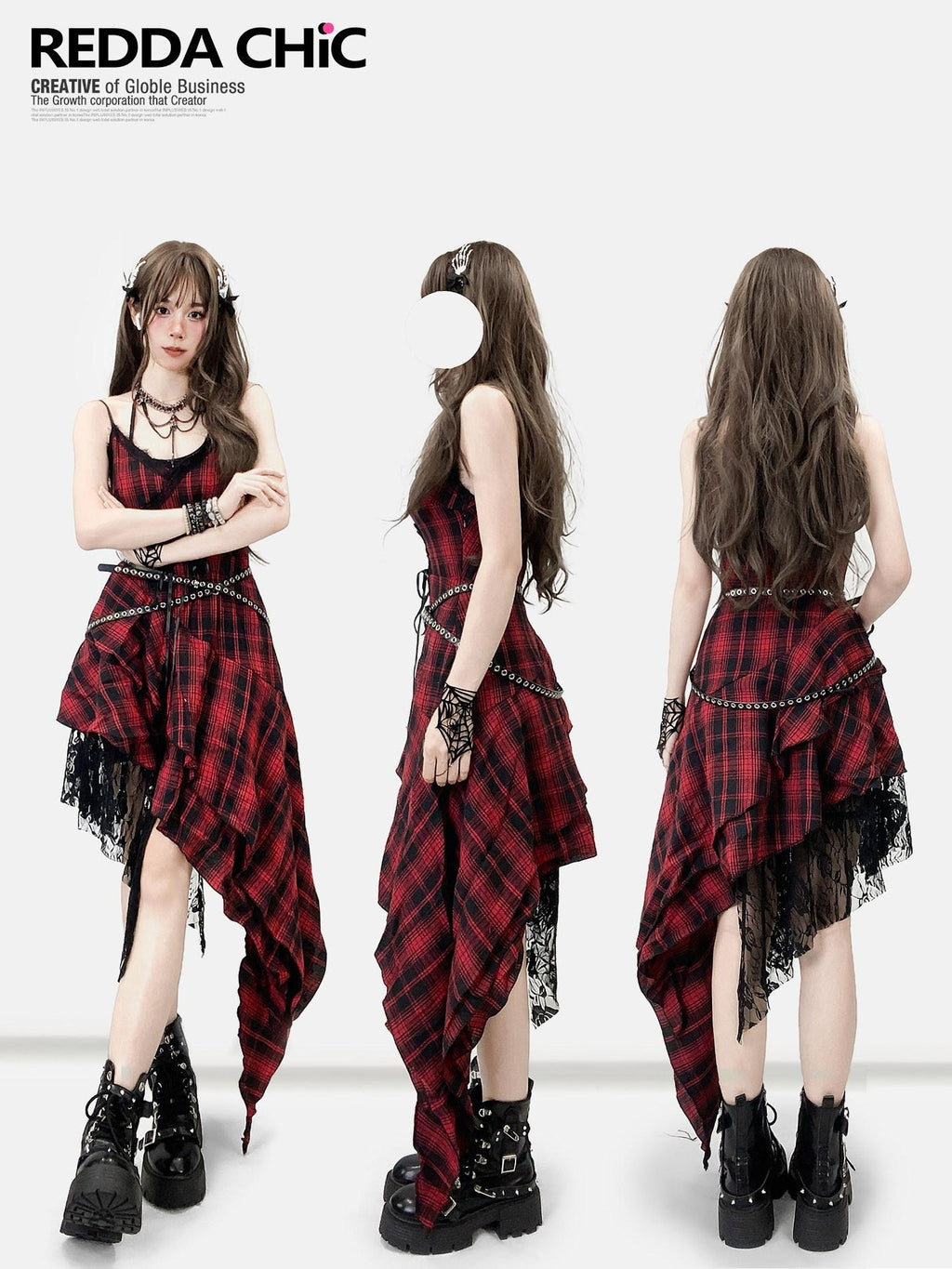 REDDACHIC Black Red Plaid Gothic Asymmetric Lace Tie Waist Women'S Slip Midi Dresses