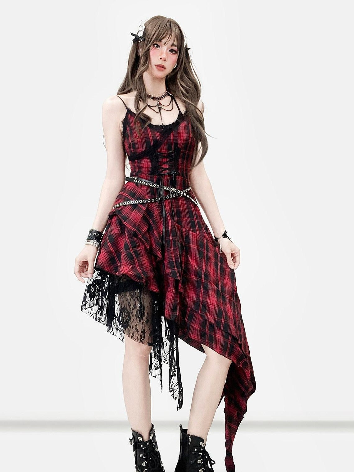 REDDACHIC Black Red Plaid Gothic Asymmetric Lace Tie Waist Women'S Slip Midi Dresses