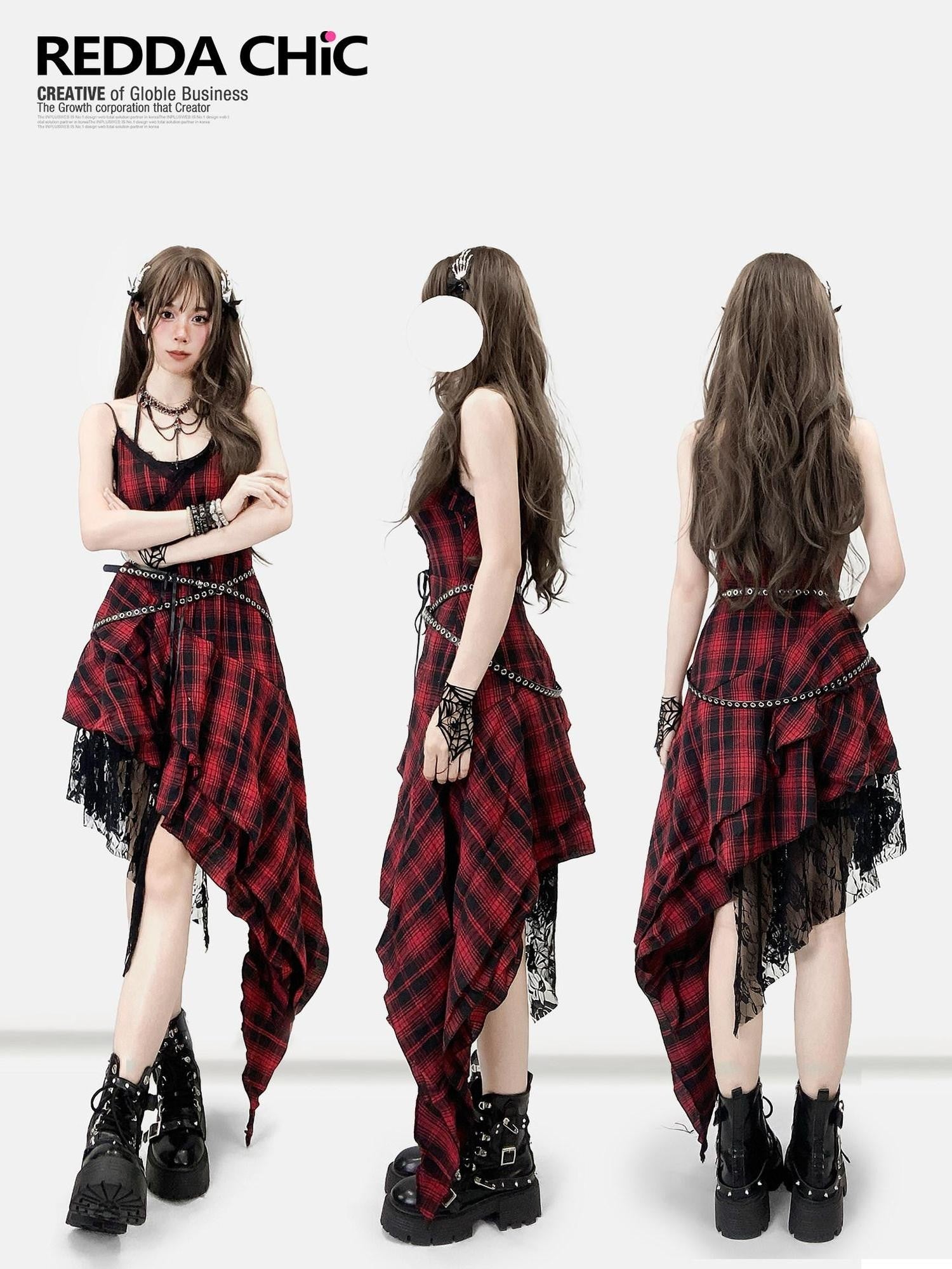 REDDACHIC Black Red Plaid Gothic Asymmetric Lace Tie Waist Women'S Slip Midi Dresses