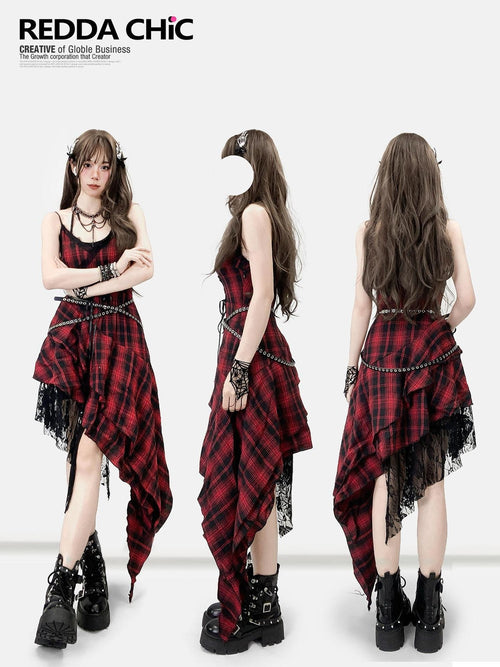 REDDACHIC Black Red Plaid Gothic Asymmetric Lace Tie Waist Women'S Slip Midi Dresses