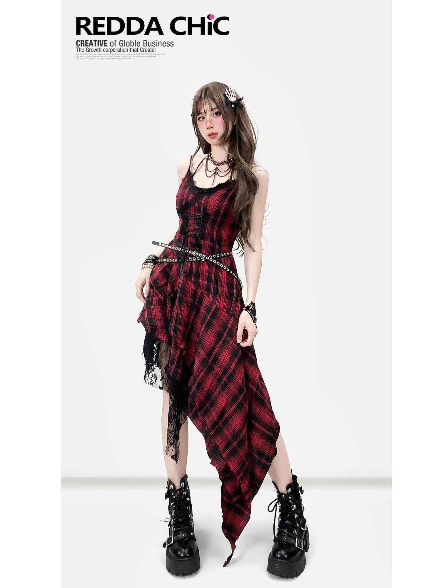 REDDACHIC Black Red Plaid Gothic Asymmetric Lace Tie Waist Women'S Slip Midi Dresses