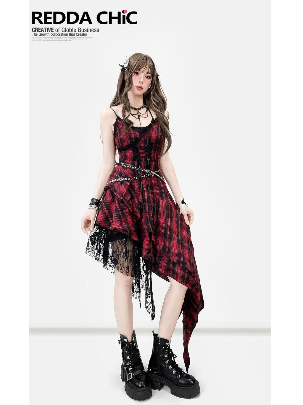 REDDACHIC Black Red Plaid Gothic Asymmetric Lace Tie Waist Women'S Slip Midi Dresses