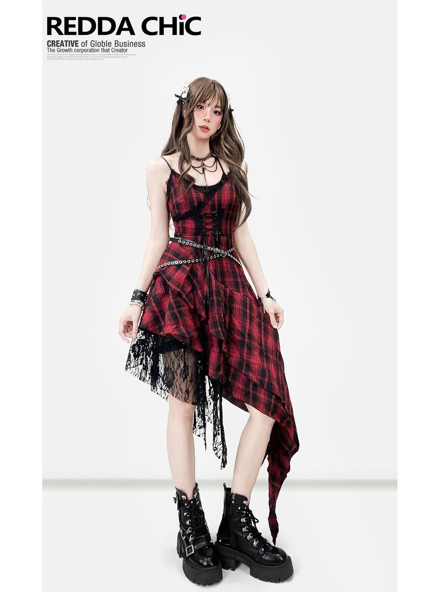 REDDACHIC Black Red Plaid Gothic Asymmetric Lace Tie Waist Women'S Slip Midi Dresses
