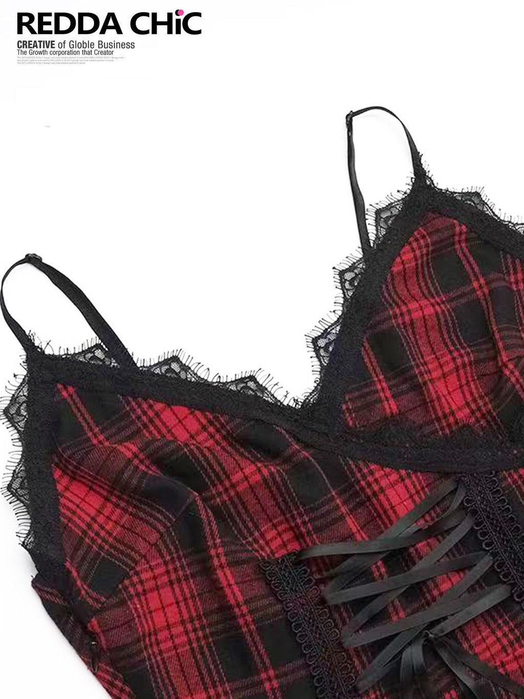 REDDACHIC Black Red Plaid Gothic Asymmetric Lace Tie Waist Women'S Slip Midi Dresses