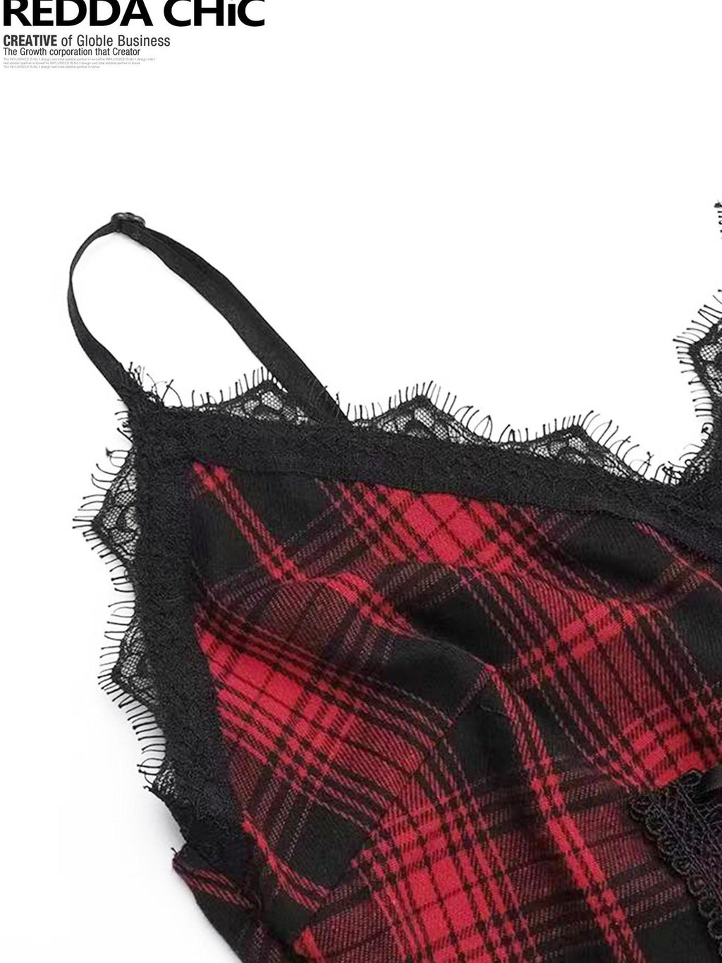 REDDACHIC Black Red Plaid Gothic Asymmetric Lace Tie Waist Women'S Slip Midi Dresses